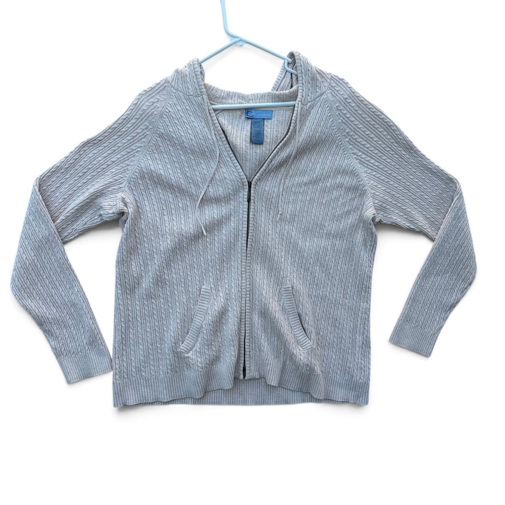 Vintage Classic Elements Womens Large Cable Knit Cardigan Sweater Zip Beige